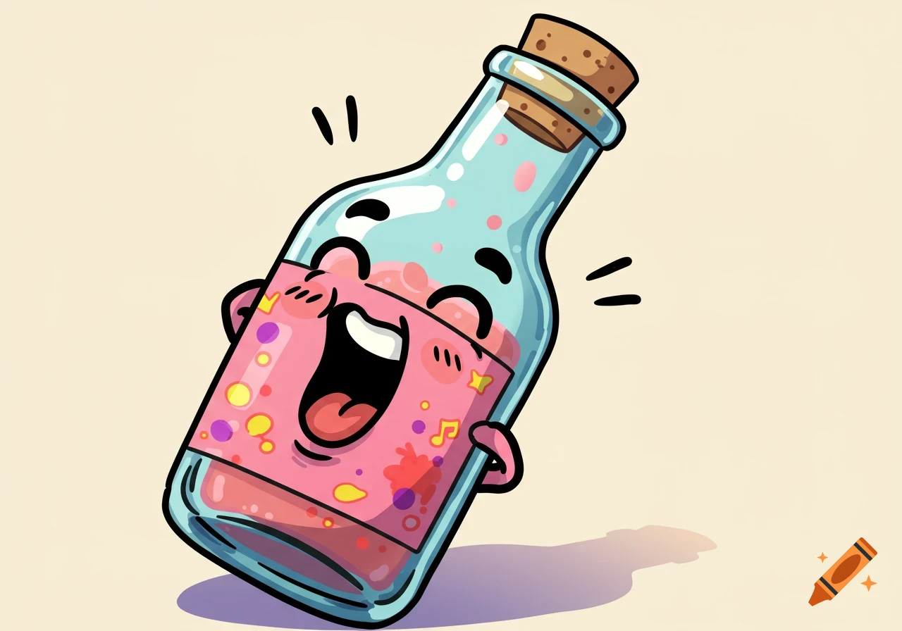 A laughing cartoon bottle character with pink liquid inside.