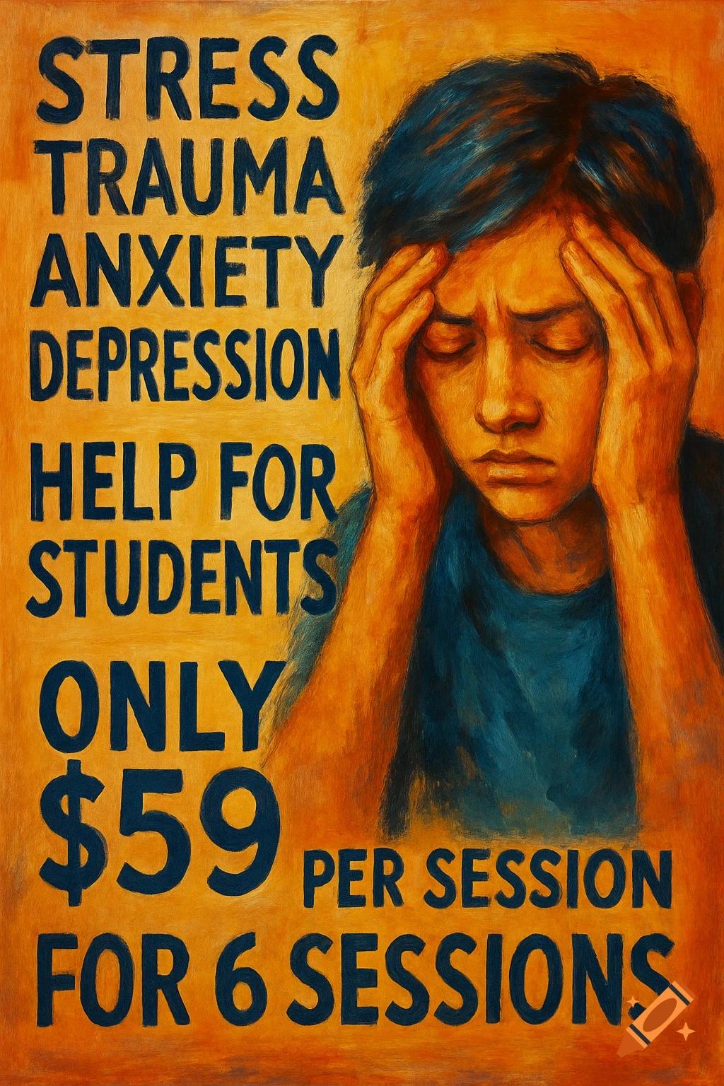 Painting of a student in distress with text about mental health services and pricing.