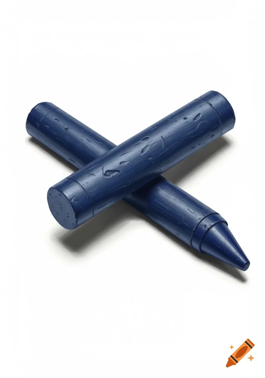 Two dark blue crayons crossed on a white background