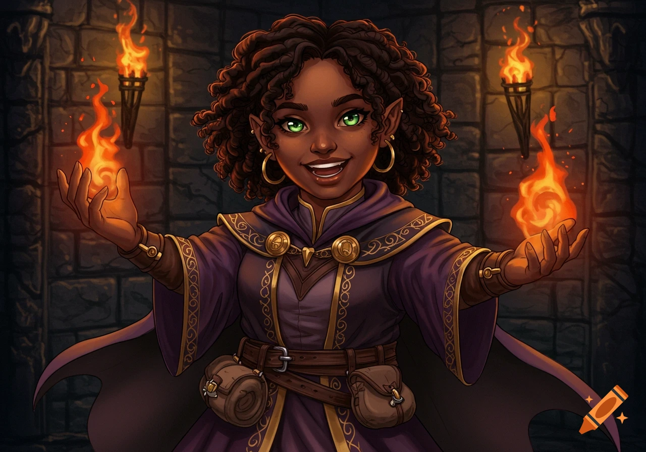 Black female halfling sorcerer casting fire spells in a dungeon.