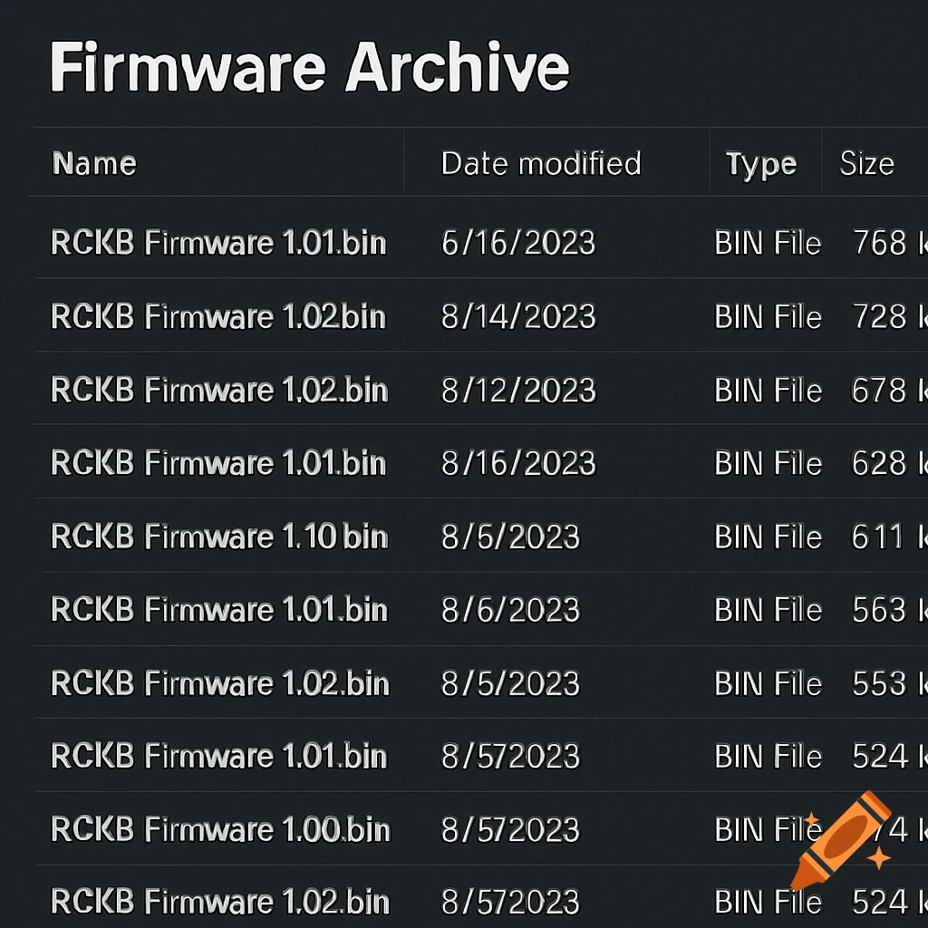 A list displaying firmware files, dates, types, and sizes.