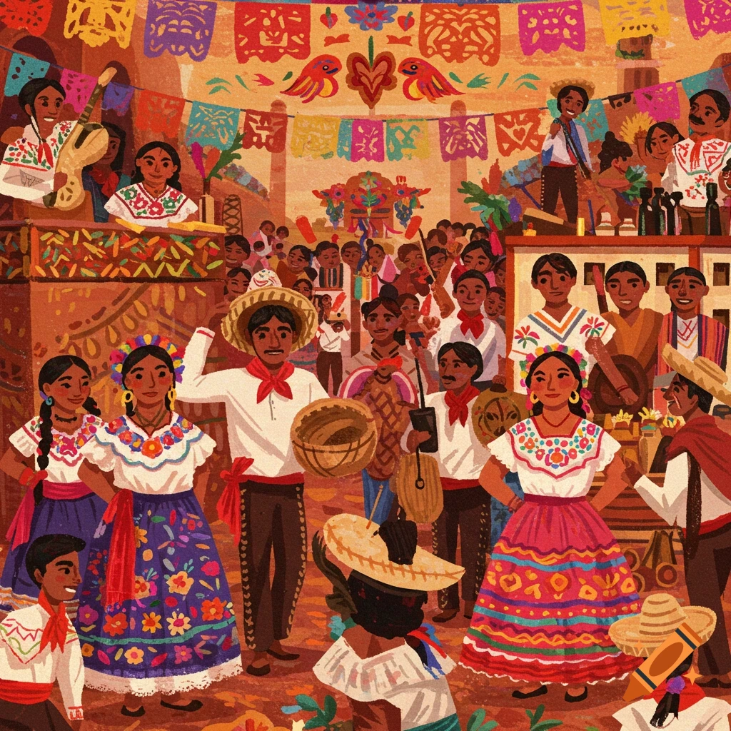 A colorful painting of a Mexican celebration with people in traditional clothing, music, and vibrant decorations.