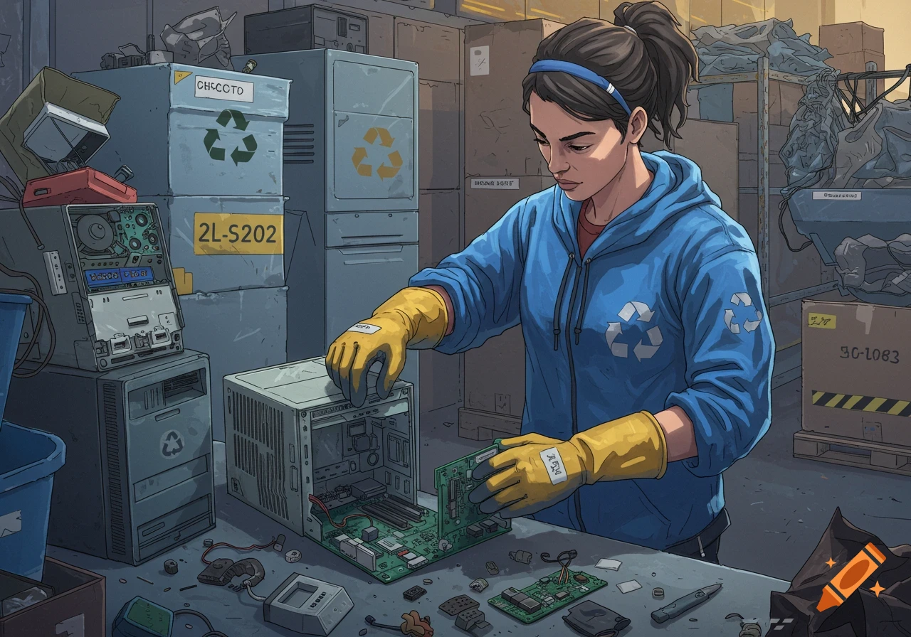 Illustration of a woman recycling computer components in a warehouse setting.