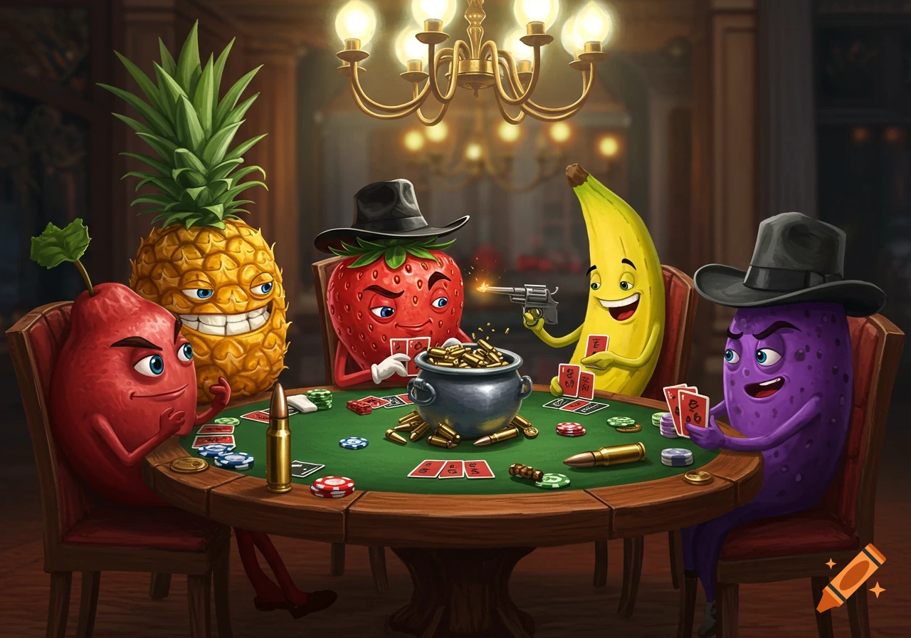 Cartoon fruits playing poker with bullets as chips