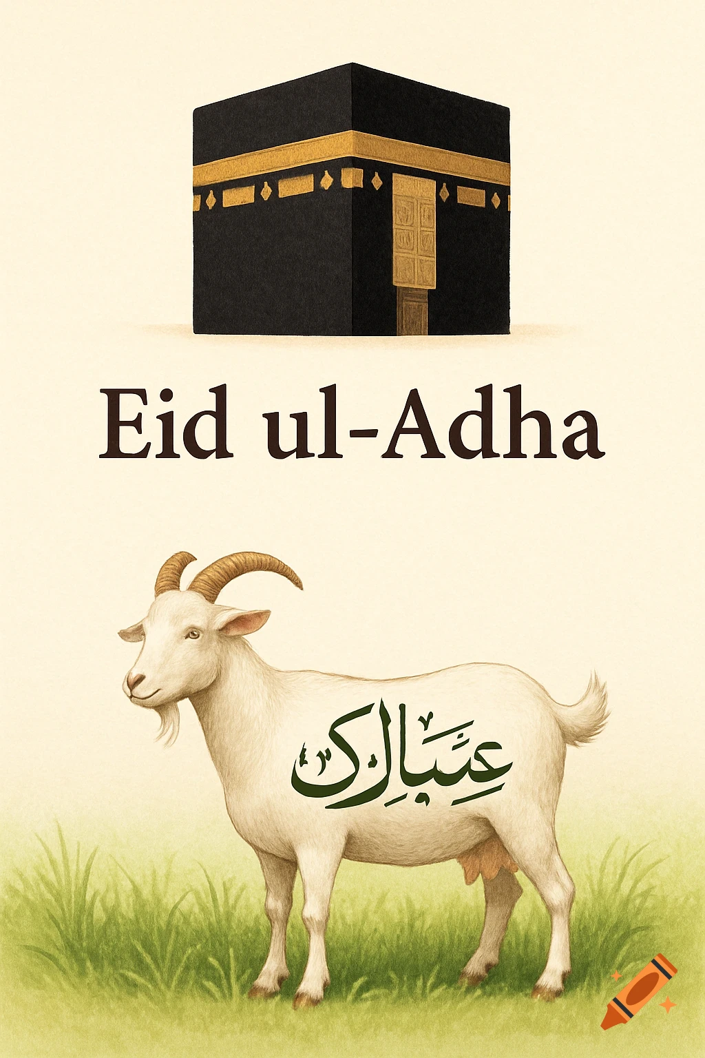 Watercolor illustration of Kaaba, 'Eid ul-Adha' text, and a goat with Arabic script.