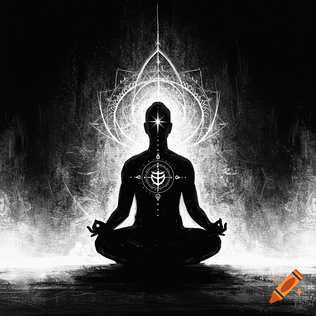Black and white spiritual art illustration of person meditating with glowing geometric patterns