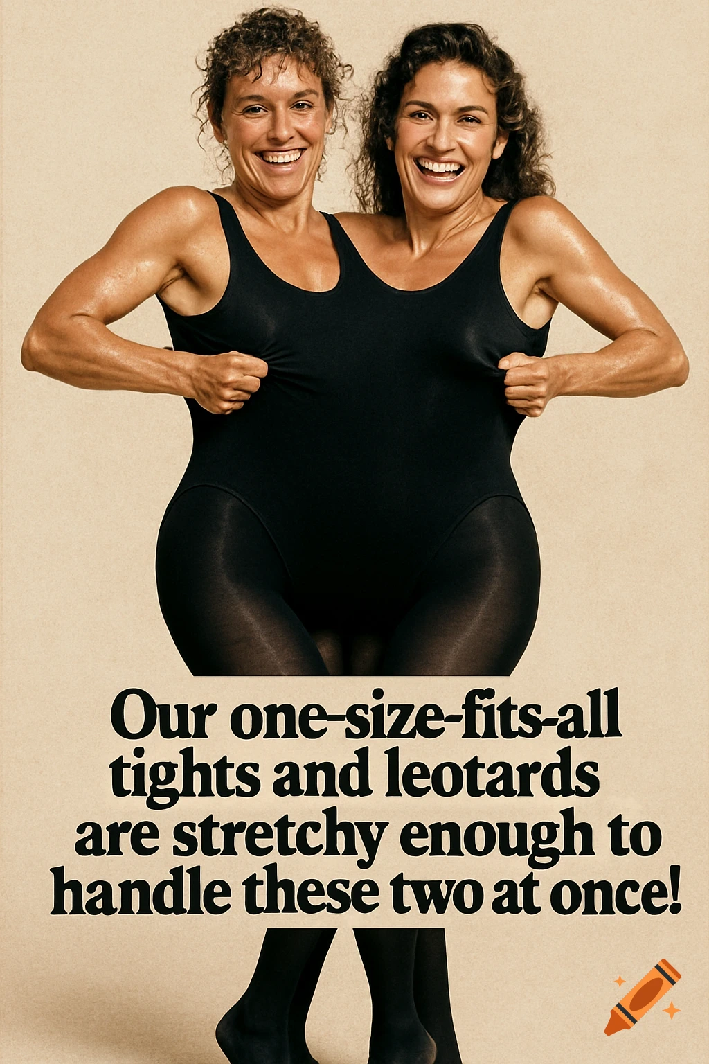 Two smiling women merged into one body wear black leotard and tights, pulling the garment, with text below.