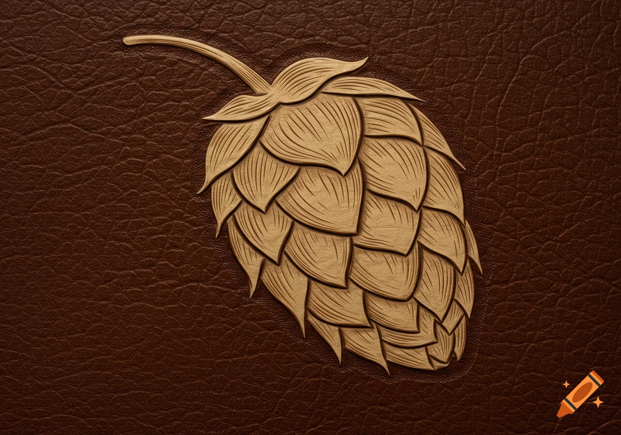 A detailed raised pattern of a hop cone on a brown leather texture.