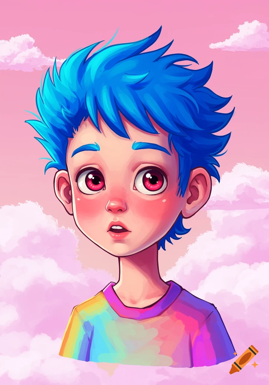 Cartoon portrait of a kid with bright blue hair and red eyes against a pink sky with clouds.