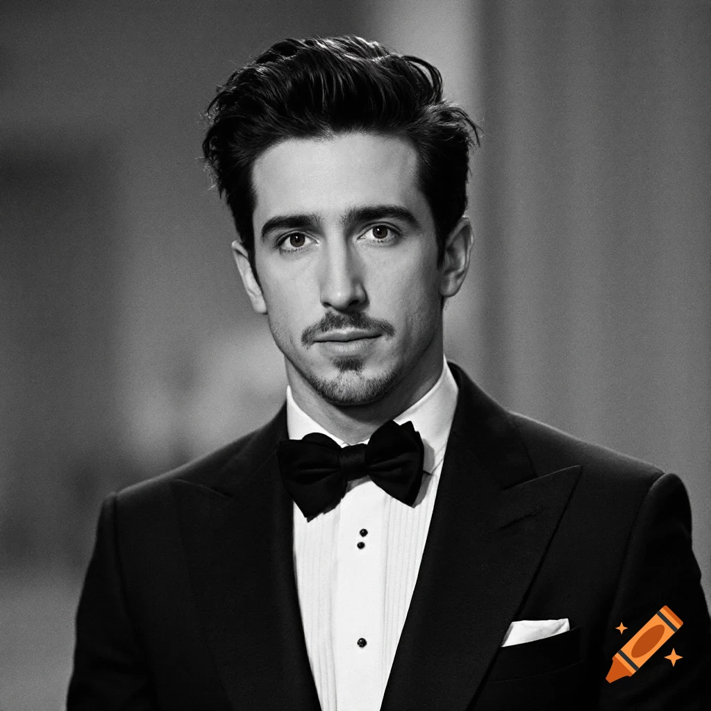 A black and white portrait of a man in a tuxedo looking directly at the camera.
