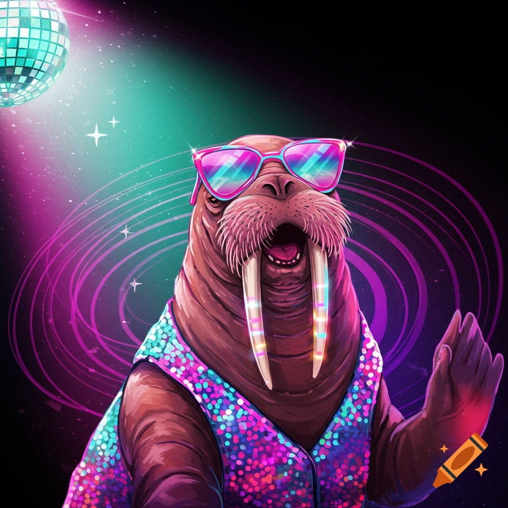 A walrus wearing sunglasses and a sequined vest under a disco ball
