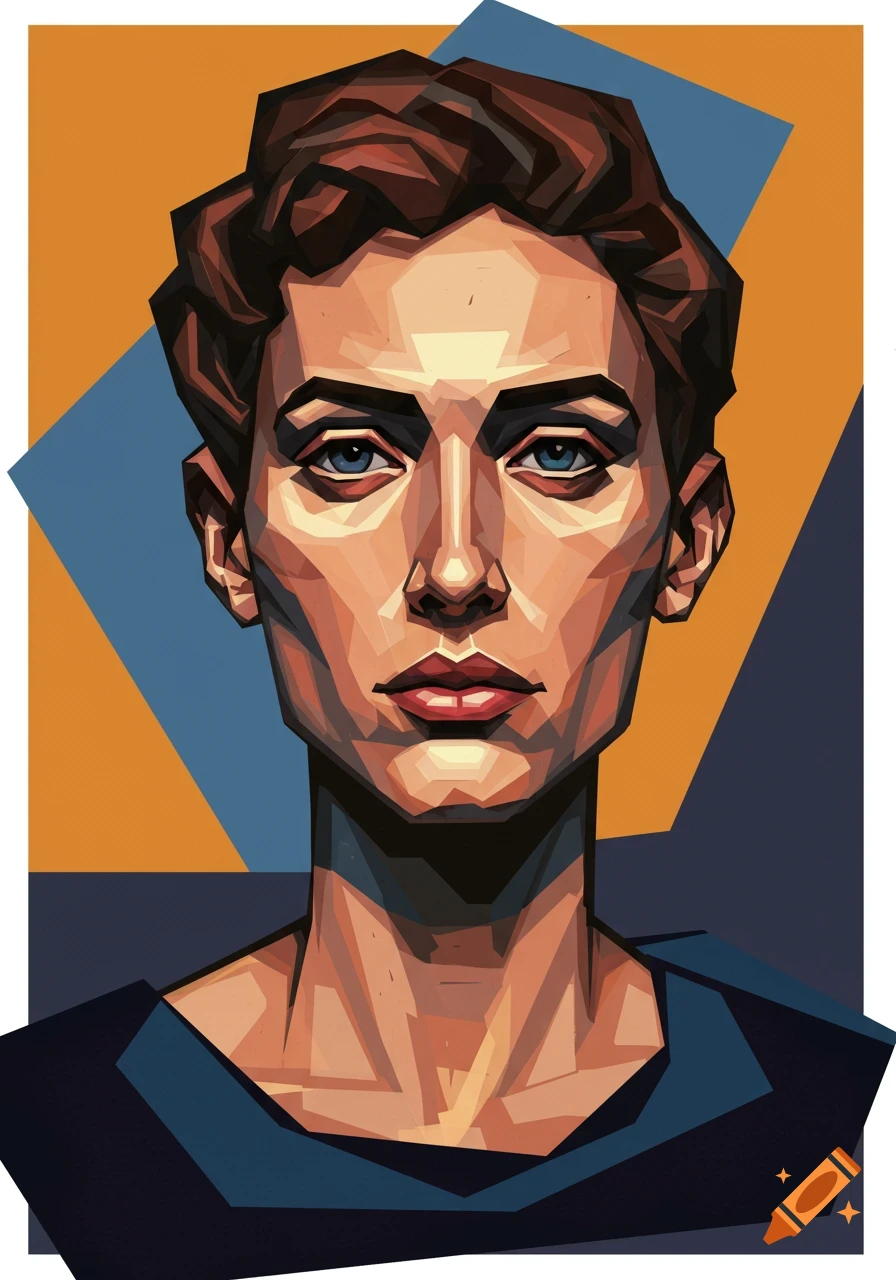Geometric portrait of a person against abstract shapes