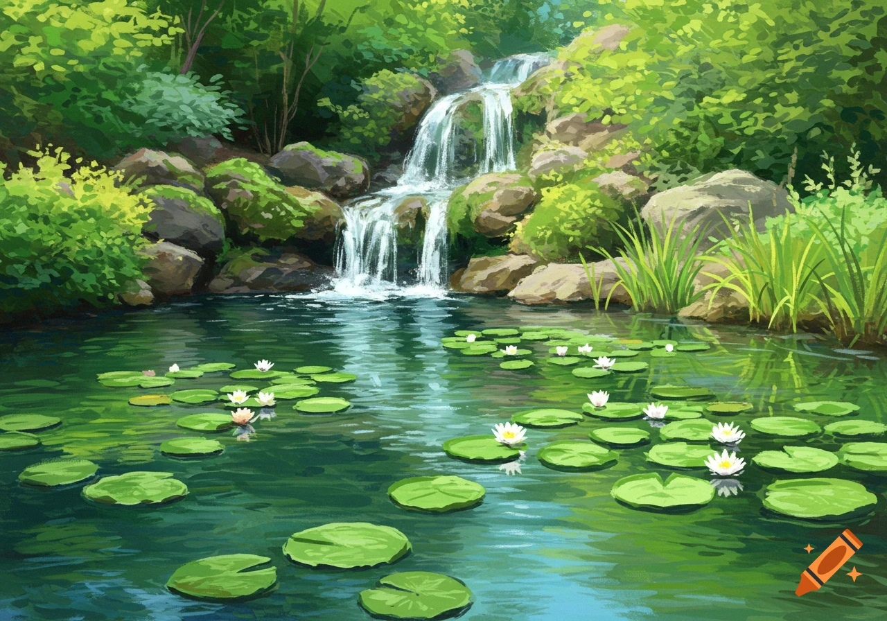 Stylized painting of a waterfall cascading into a pond with lily pads.
