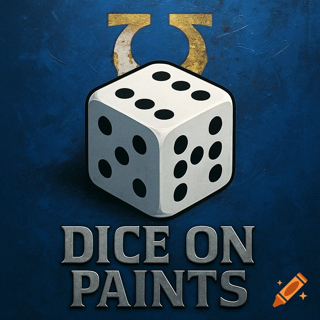 A white dice with black dots sits below metal text 'DICE ON PAINTS' on a textured blue background with a gold U-shaped symbol.