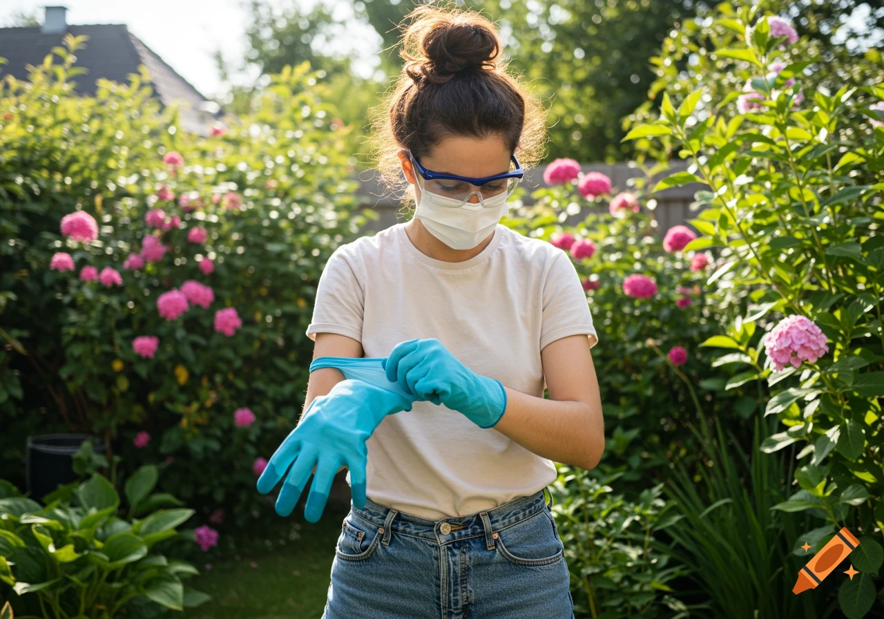 A woman wearing a mask, goggles, and blue gloves in a sunny garden putting on a glove.