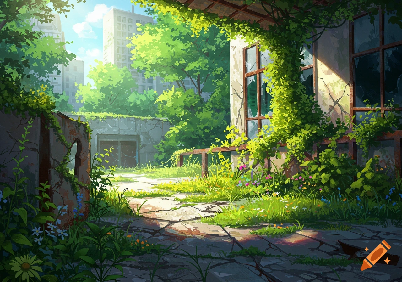 Anime style landscape of urban ruins overgrown with lush green plants under a sunny sky.