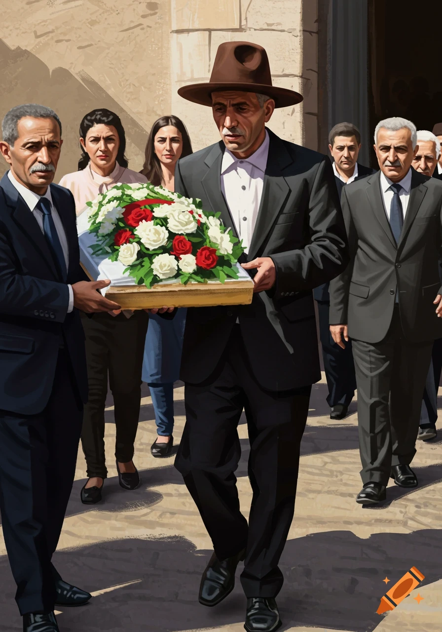 Group of people in suits carrying flowers in a digital art style.