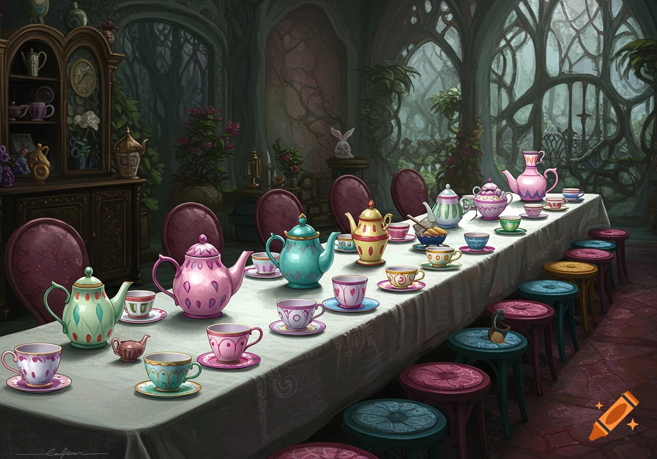A long table set for a colorful fantasy tea party in a room with strange, organic architecture and forest elements.