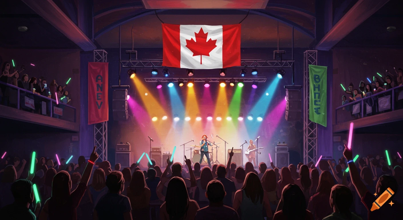 A stylized illustration of a band playing on stage at a concert with a crowd and a large Canadian flag overhead.