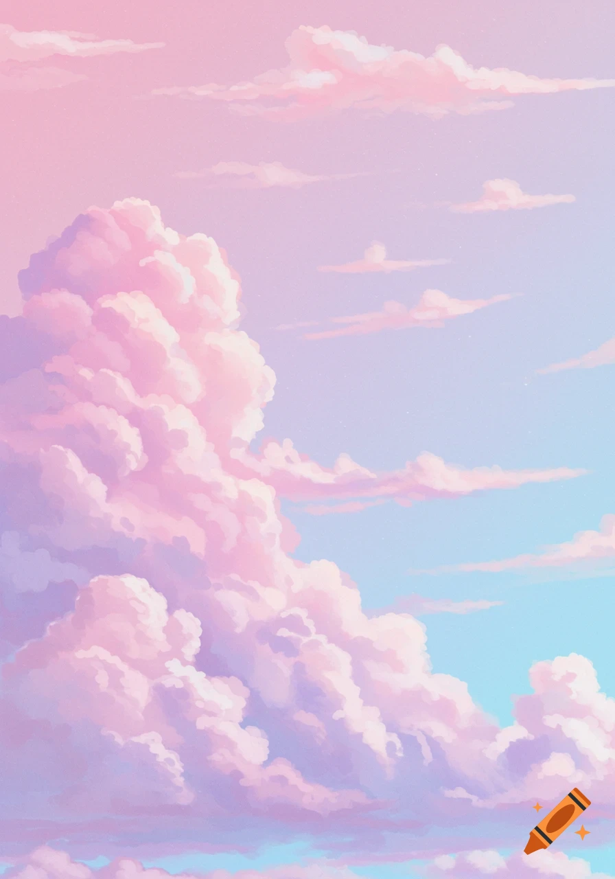 Stylized pastel pink and purple clouds in a blue and pink gradient sky, digital art.