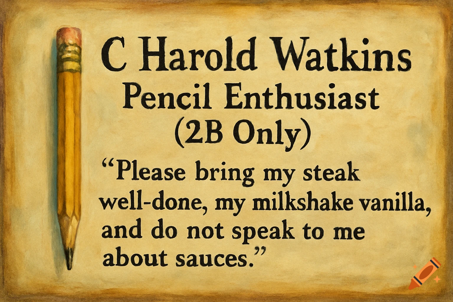 Yellow sign with black text and a pencil. Text reads 'C Harold Watkins, Pencil Enthusiast (2B Only)' and a quote.