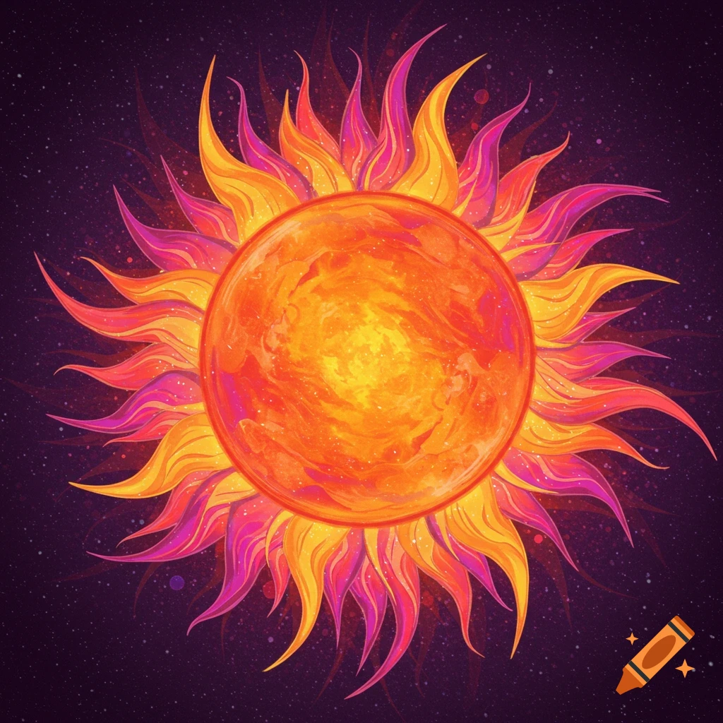 Stylized sun with colorful wavy rays on a dark purple background with stars.