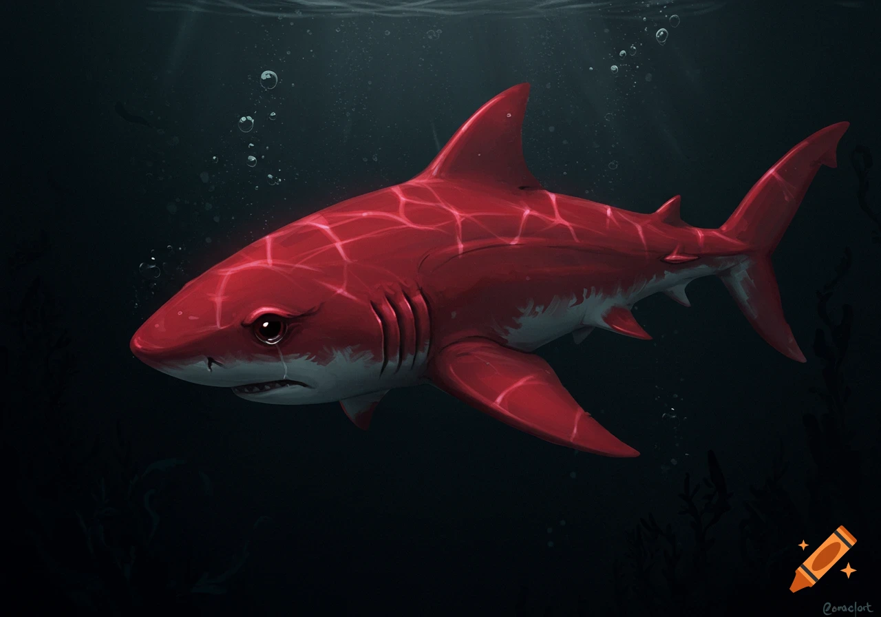 An illustration of a sad red shark with glowing patterns swimming underwater.