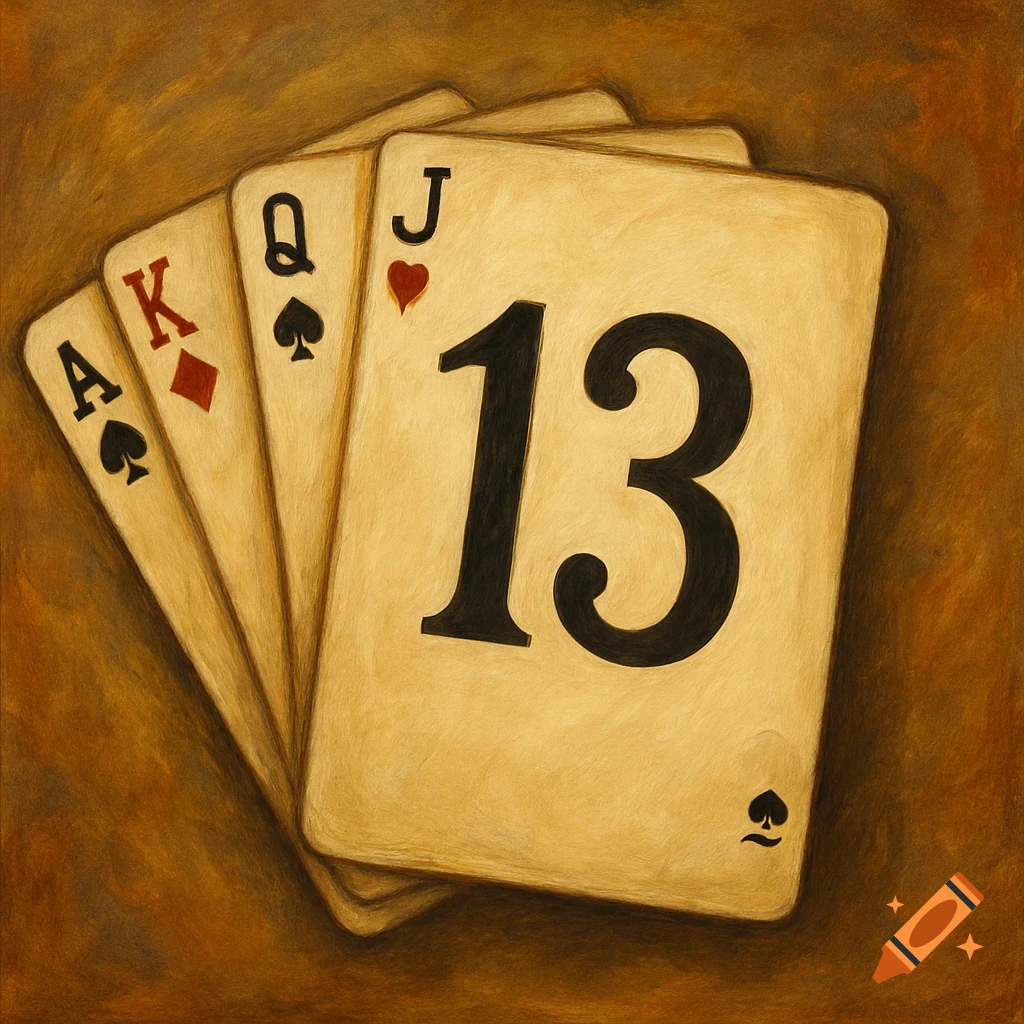 Painting of fanned out playing cards showing Ace, King, Queen, Jack, and a card with the number 13.