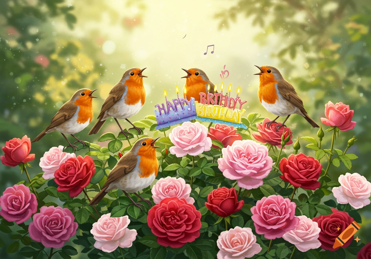Five robins sing on a rose bush around a Happy Birthday decoration.