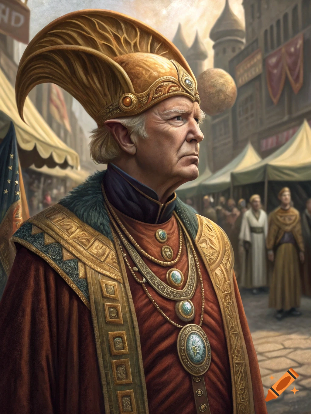 Portrait of a man in elaborate fantasy costume with a tall golden hat, in a bustling market street.