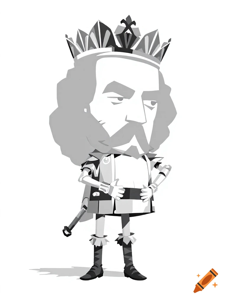 Stylized black and white illustration of a king in a crown and armor