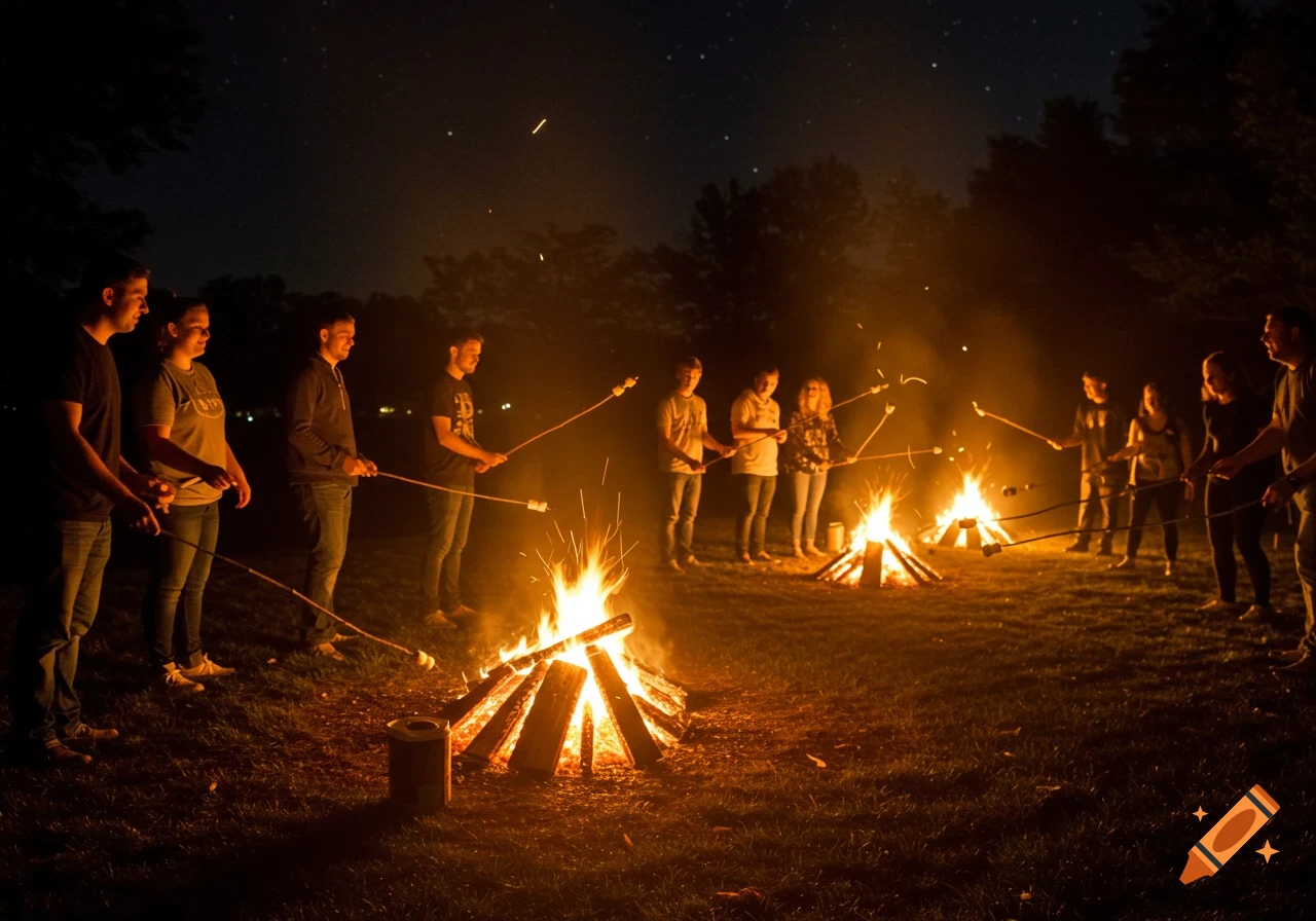 People roasting marshmallows around two campfires at night