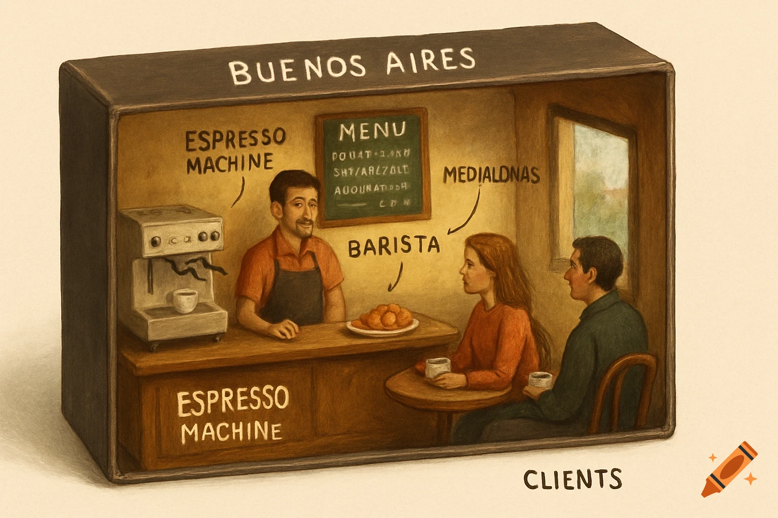 An illustrated shoebox diorama of a Buenos Aires coffee shop with labeled espresso machine, menu, barista, medialonas, and clients.