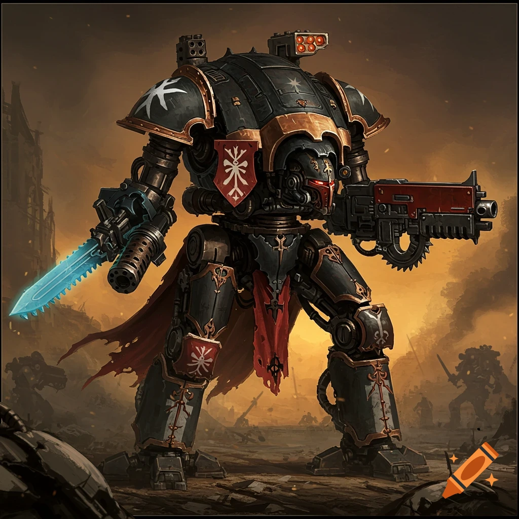A large black and gold Warhammer 40k Knight mecha stands in a battle-scarred landscape, holding a sword and gun.
