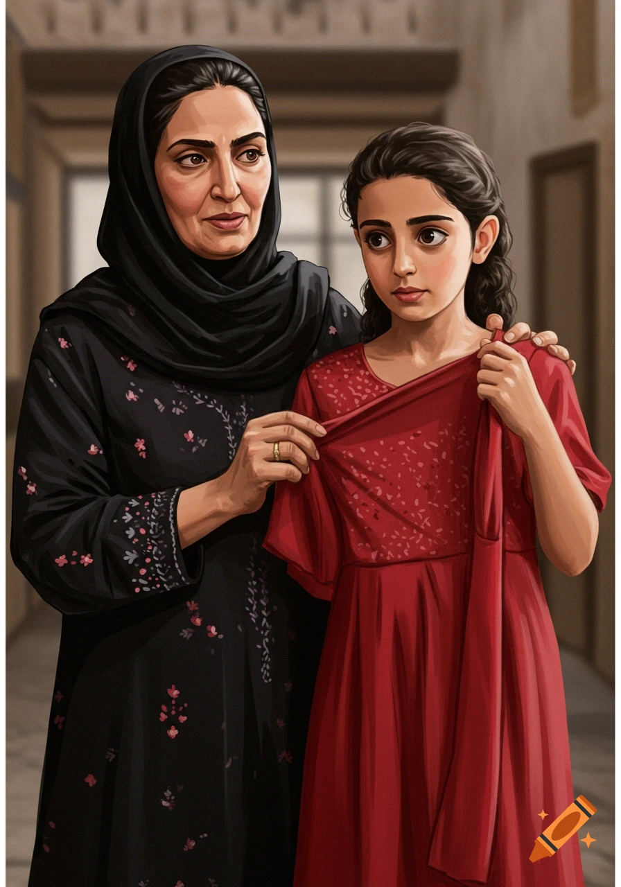 Illustration of a woman in a headscarf showing a red dress to a young girl.