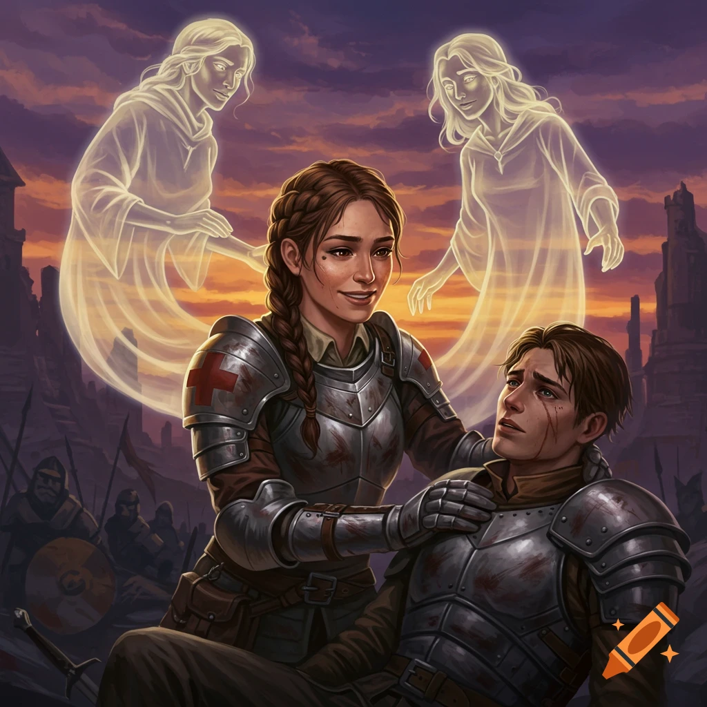 A combat medic tends to a wounded soldier on a battlefield, while two spirits watch from above, fantasy art.