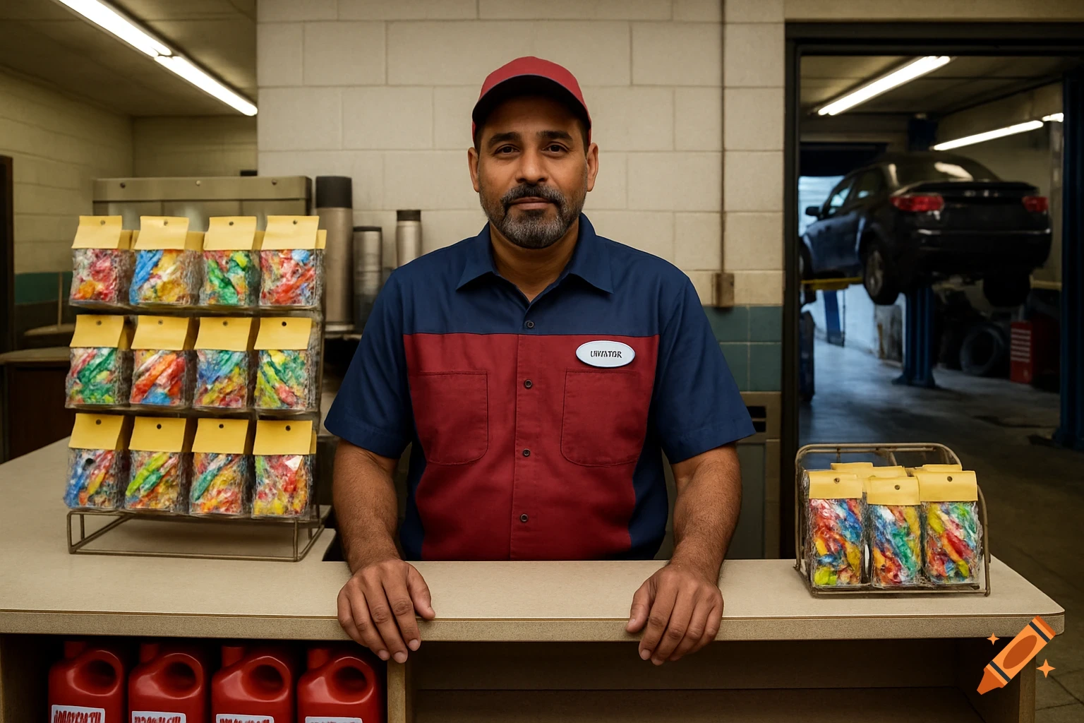 A man in uniform stands behind a counter in a garage with candy and oil jugs, a car on a lift in the background.