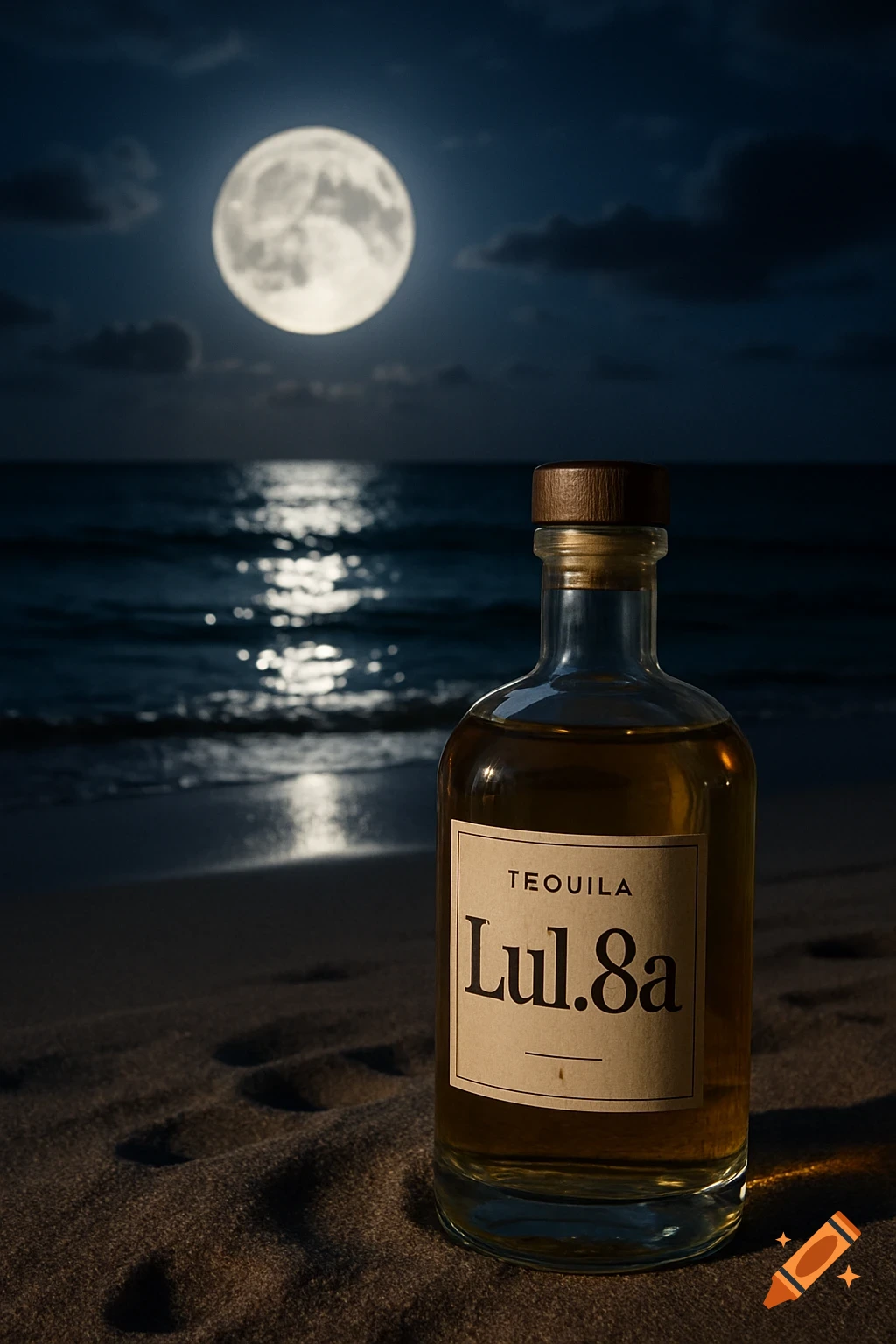 A bottle of tequila sits on a sandy beach at night under a full moon reflecting on the ocean. Photorealistic style.