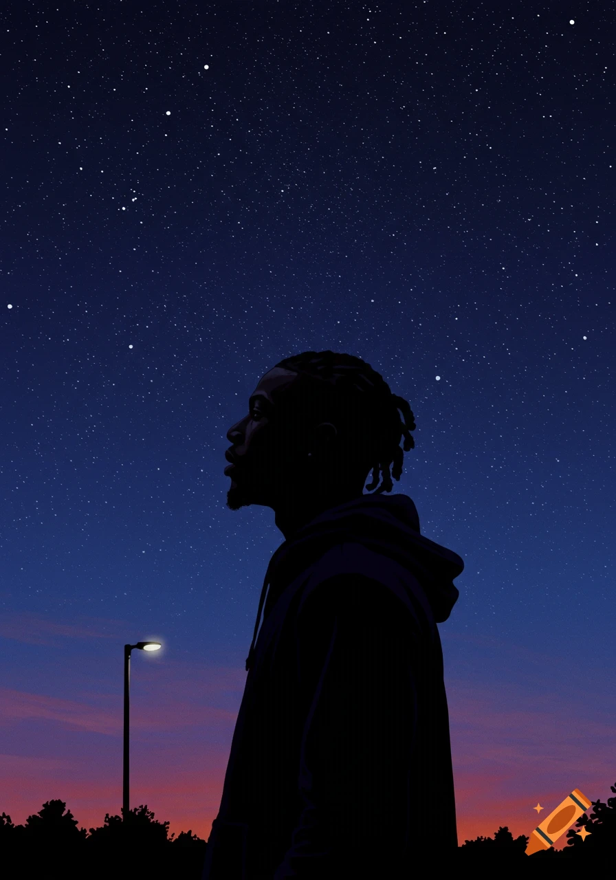 Silhouette of a person looking up at a starry night sky with a street light.