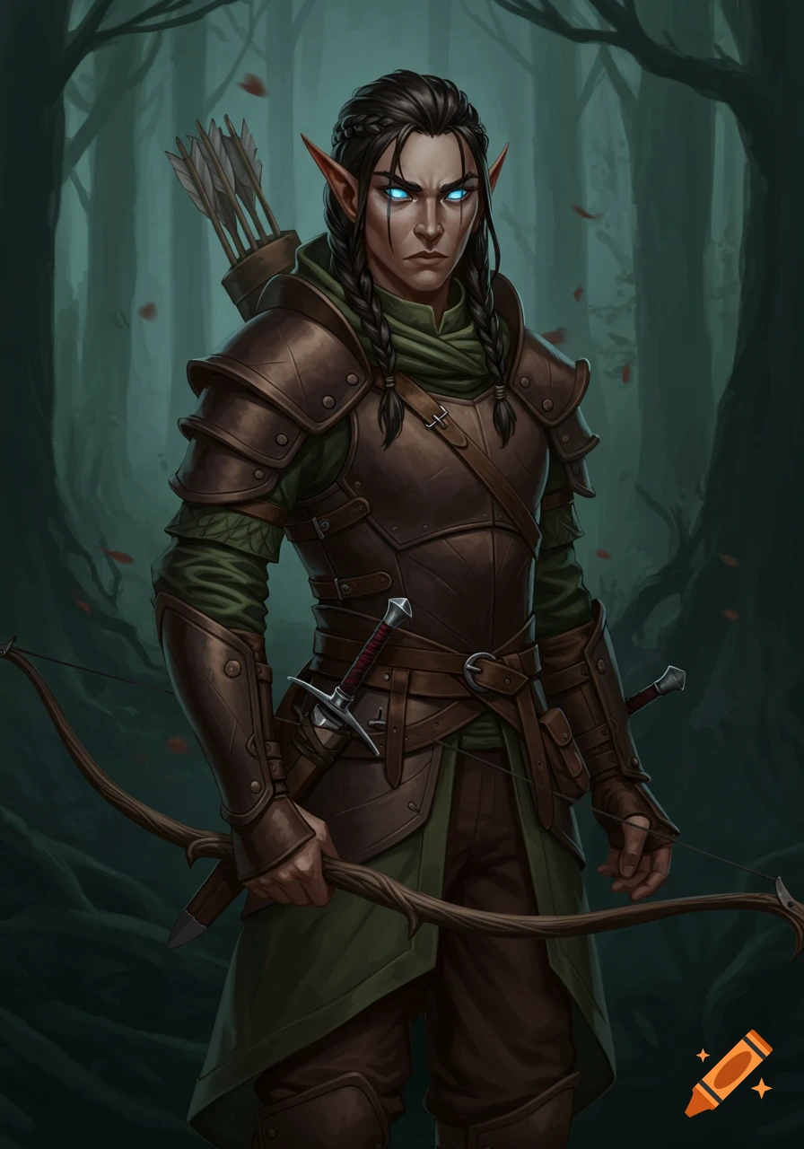 A male elf archer in leather armor holds a bow in a forest.
