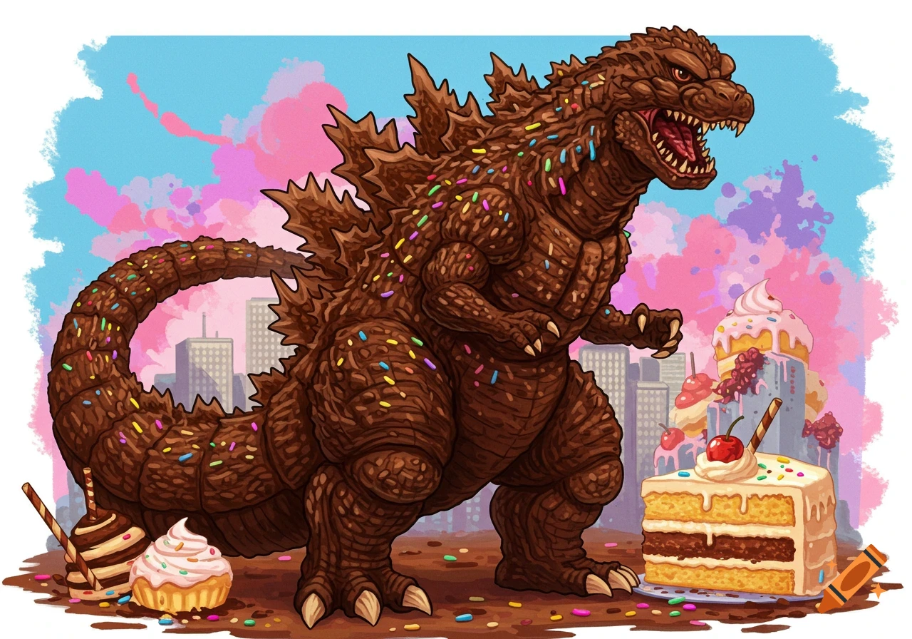 Cartoon drawing of a chocolate cake Godzilla covered in sprinkles standing by large cakes and cupcakes in a city.
