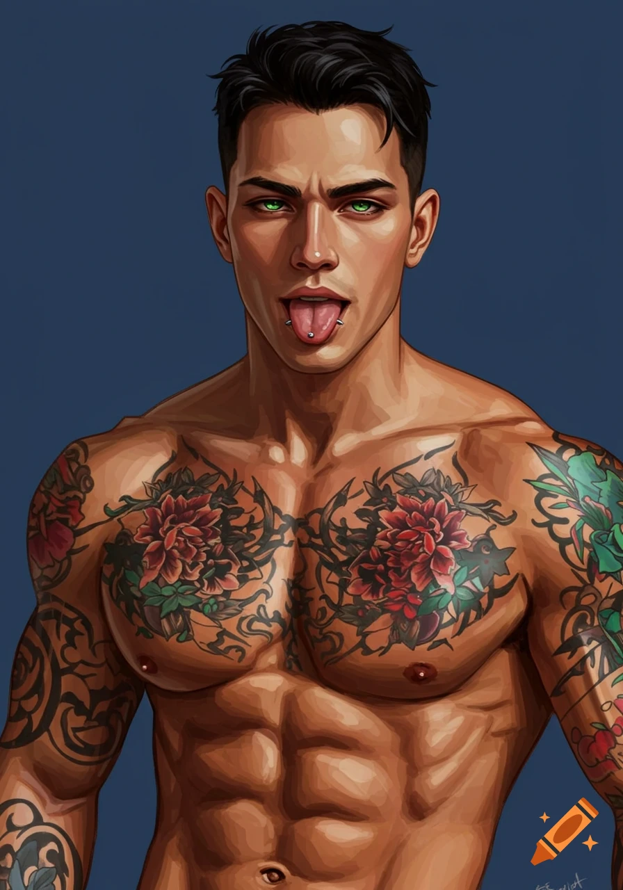 Digital painting of a muscular man with tattoos and green eyes, sticking his tongue out.