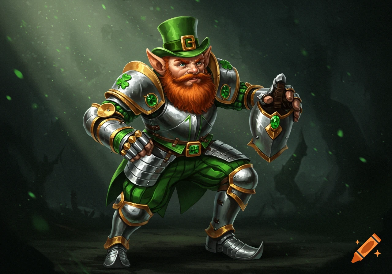 A fantasy illustration of a leprechaun in green and silver armor, holding out a gauntlet.