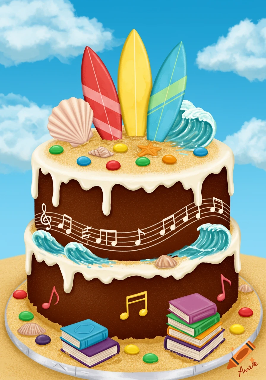 Illustration of a birthday cake decorated with surfboards, musical notes, books, and candy.
