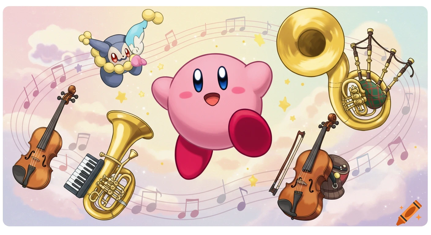 Kirby and a Pokemon-like character float among musical instruments and notes in a vibrant illustration.