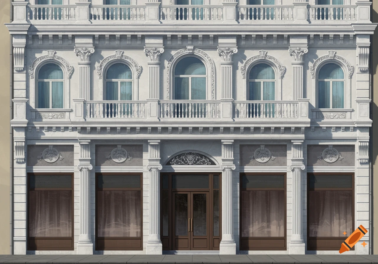 Classical commercial building facade with ornate details and large windows.