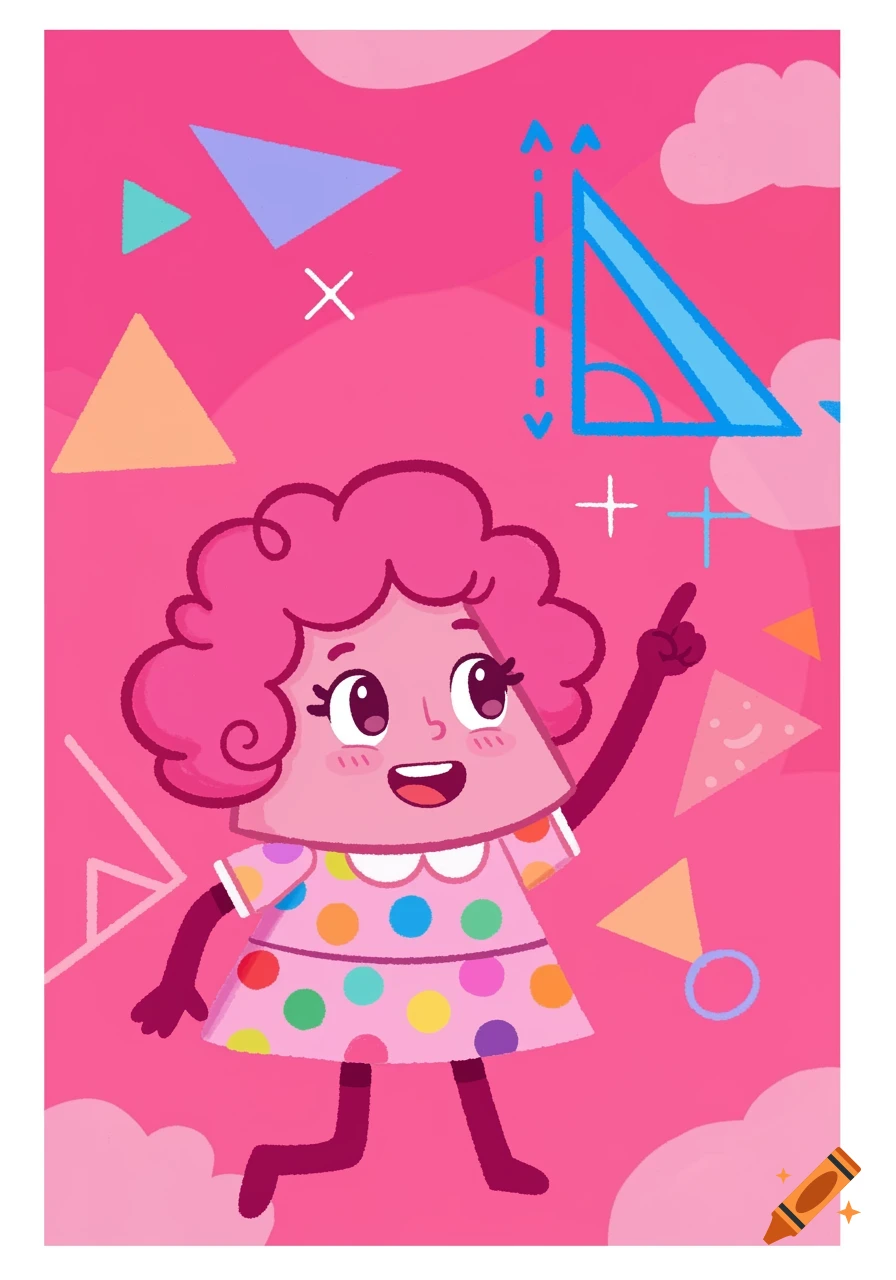 Cartoon illustration of a pink triangle-shaped character in a polka dot dress pointing at a geometric triangle diagram, surrounded by colorful shapes.