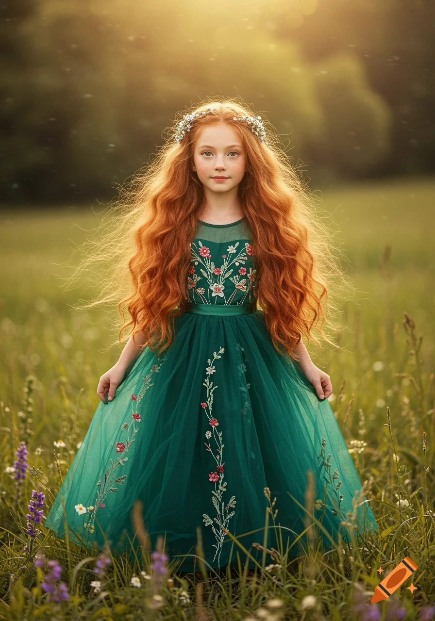 Young girl with long red hair in a green dress and flower crown standing in a field at sunset, photorealistic.