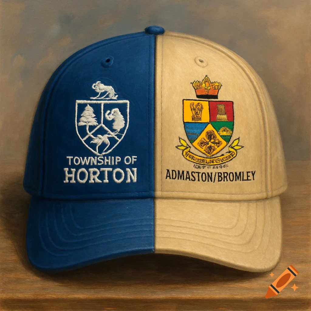 A baseball cap split down the middle, blue on the left with a crest and 'Township of Horton', beige on the right with a crest and 'Admaston/Bromley'.