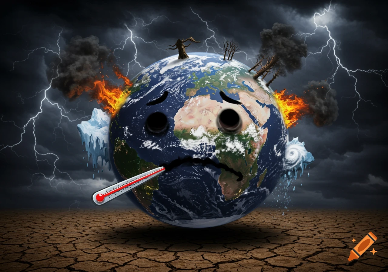 Digital painting of sad Earth with thermometer surrounded by climate disasters: fire, melting ice, storm, drought.